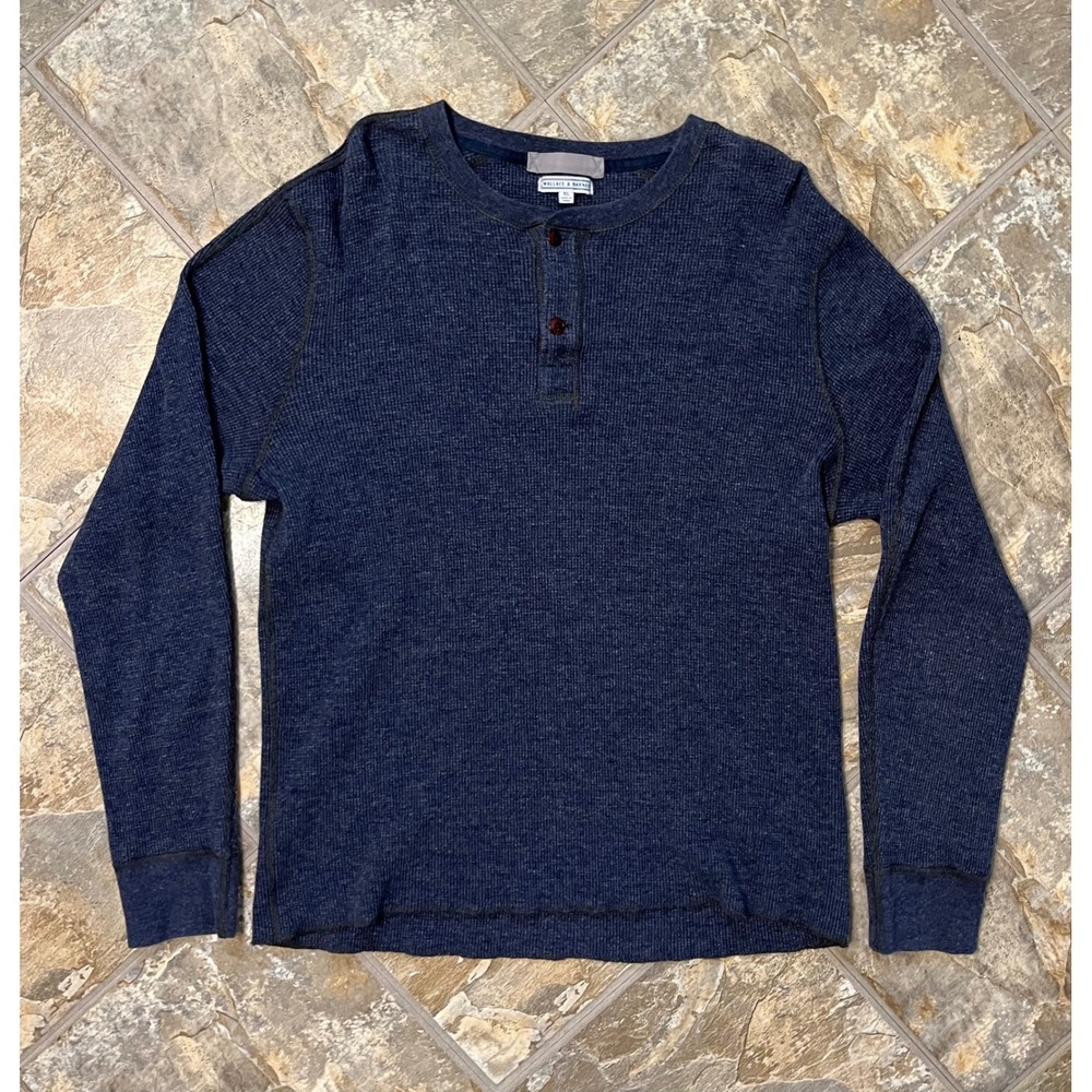 Wallace & Barnes Henley Shirt Mens XL Blue Thermal Waffle Knit Long Sleeve